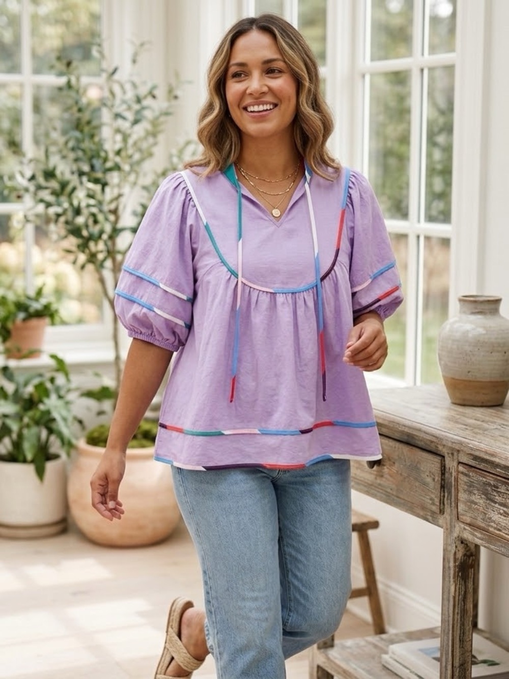 Lilac V-Neck Puff-Sleeve Babydoll Puff Sleeved  Blouse with Ribbon Trim